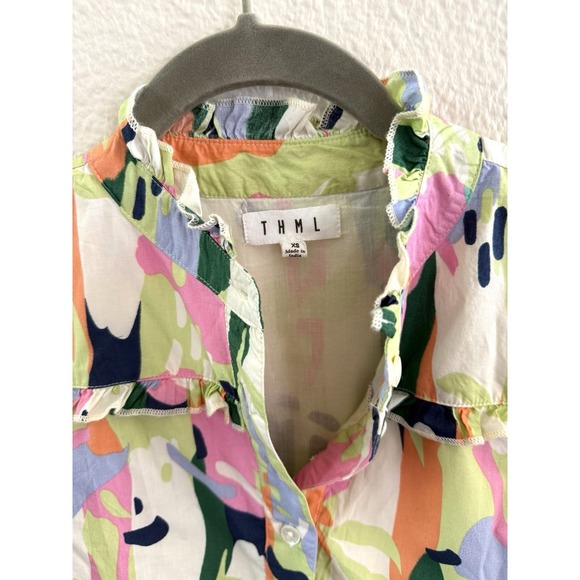 THML Anthro Dress Colorful Geometric Flutter Sleeve Tiered Swing Vacation Sz XS - Picture 2 of 9